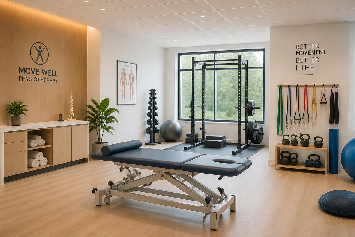 Modern physiotherapy treatment room with rehabilitation equipment